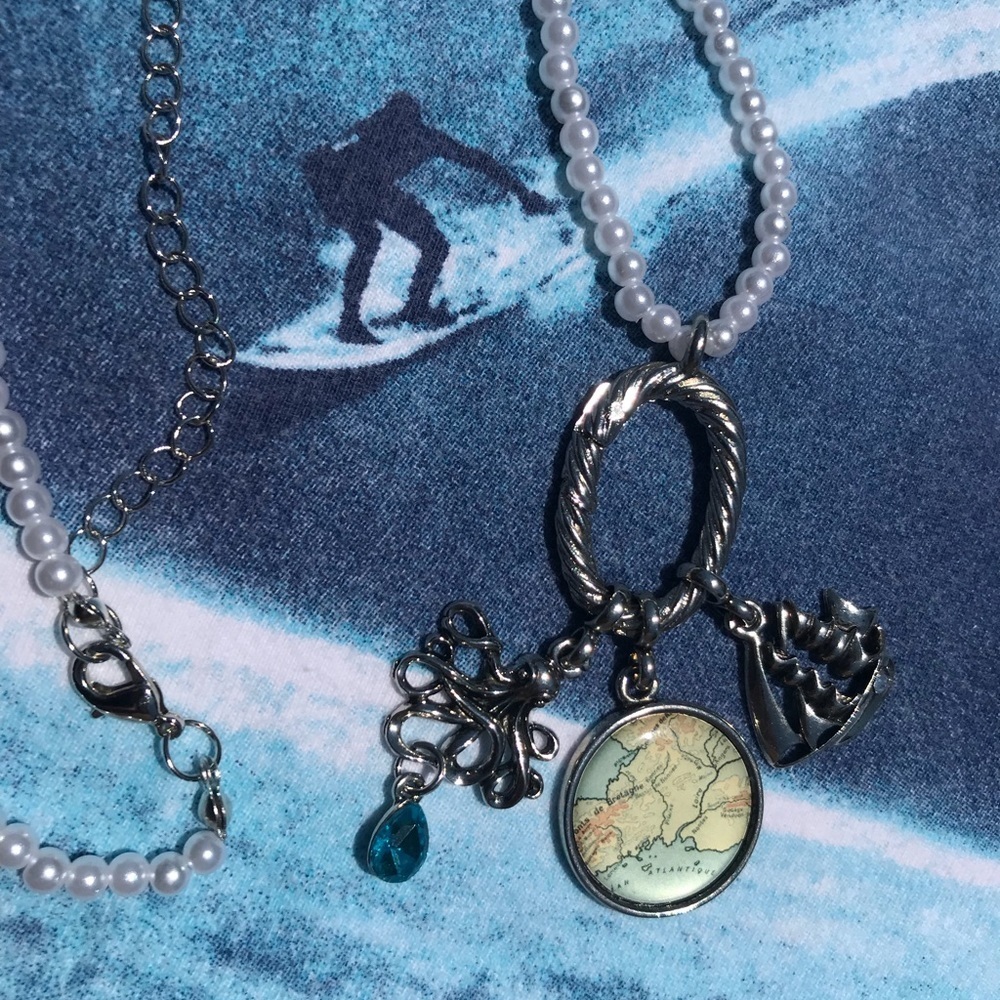 Nautical Themed Silver Necklace Ship Octopus Map
